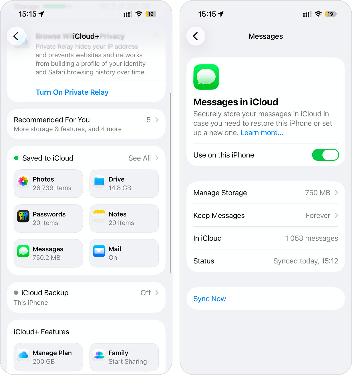 Messages in iCloud settings
