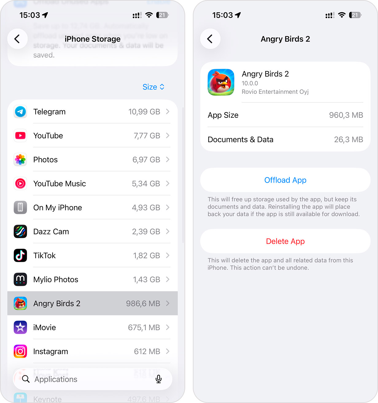 Offload app in iPhone Storage