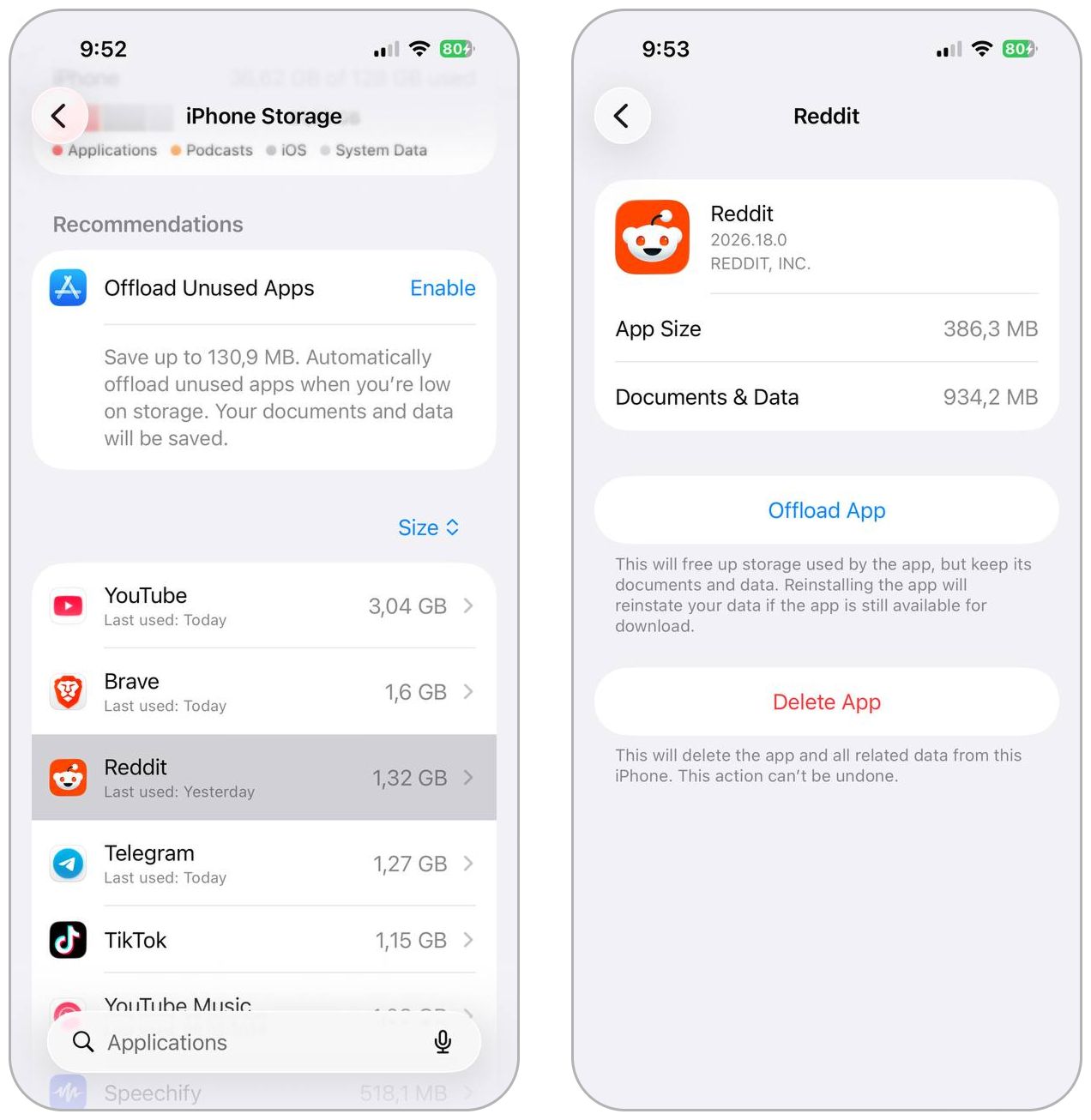 Offload app in iPhone Storage