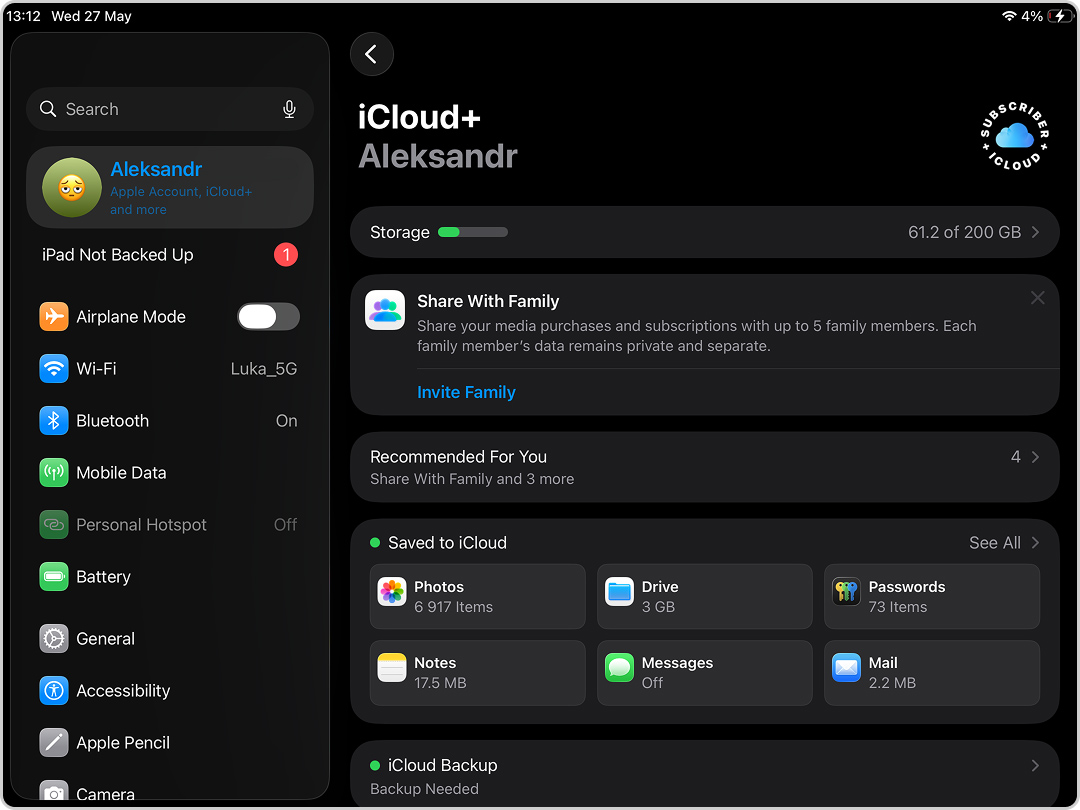 Open iCloud settings on iPad