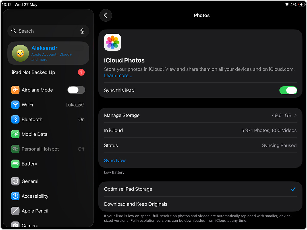 Enable Optimize iPad Storage option