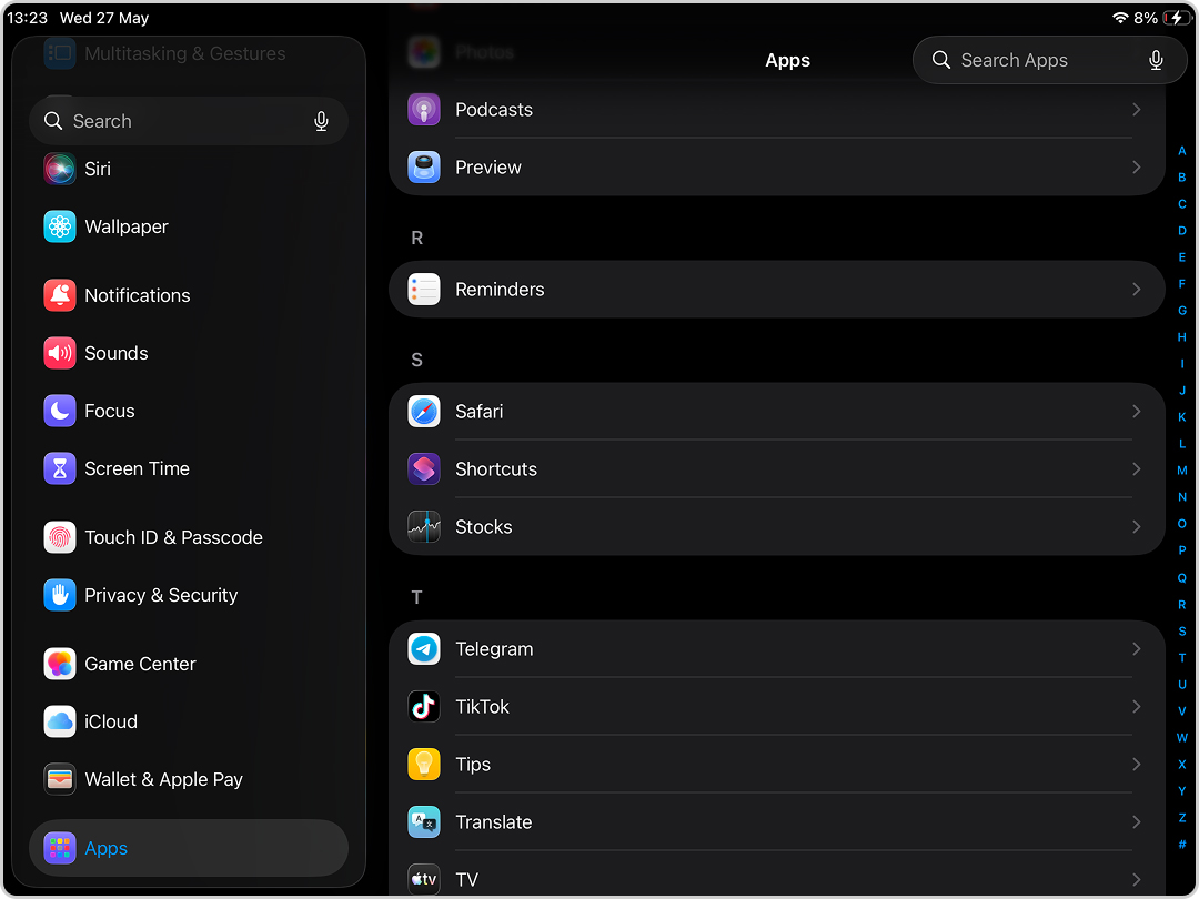 Find Safari in list of iPad apps